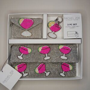 Rachel Zoe Clutch Purse W/Strap 3 PC Set Card Case & Charm Silver Martini Beaded